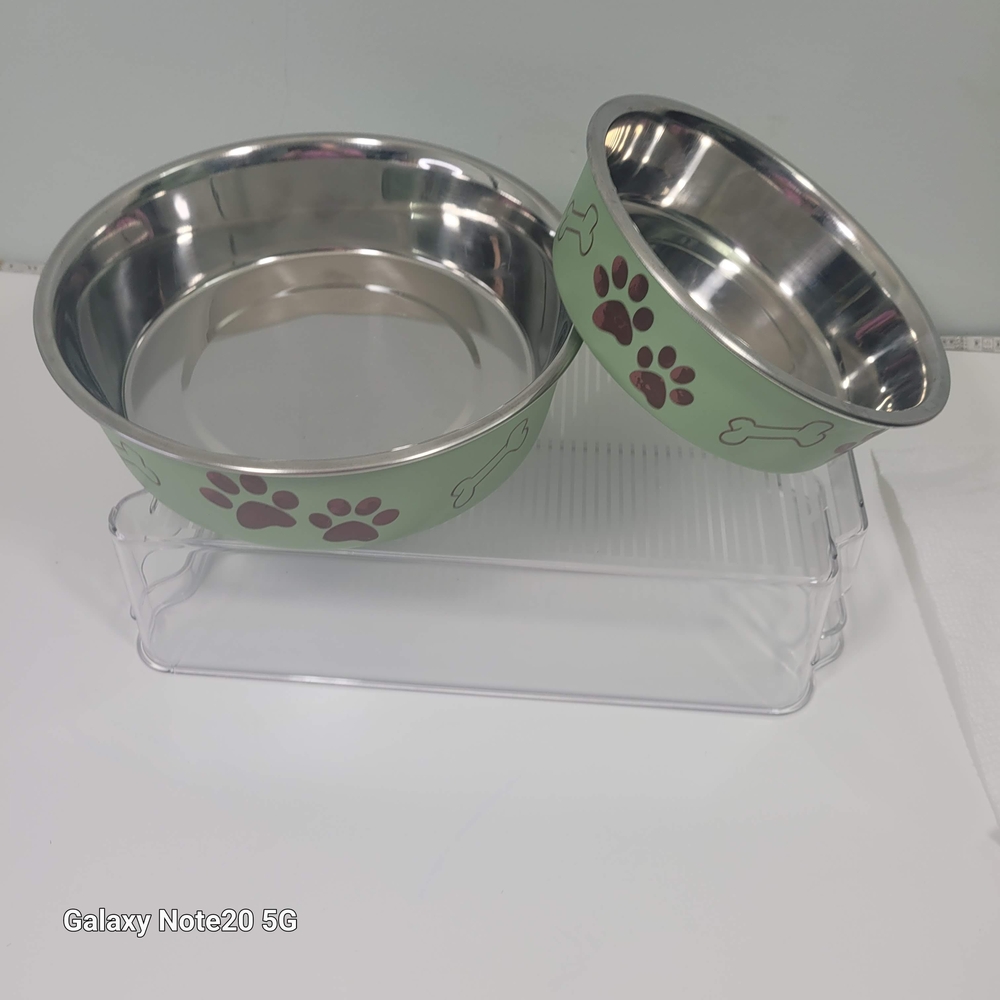 Stainless Steel Dog Bowls with Green and Red Paw Print Design